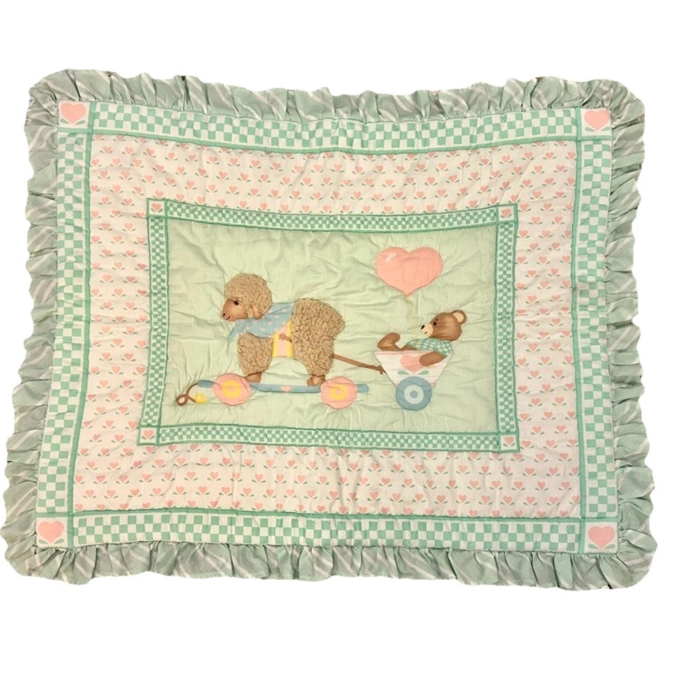 VTG Daisy Kingdom Teddy Bear & Plush Lamb Baby Blanket Ruffled Quilt 42"x36"